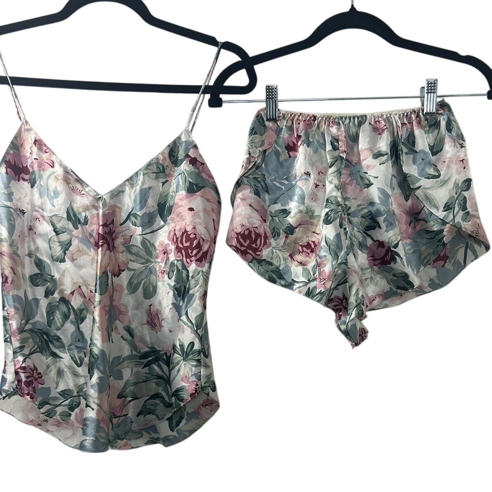 Mystique Intimates Pink Floral Satin Pajama Set Camisole Tap Shorts Small
